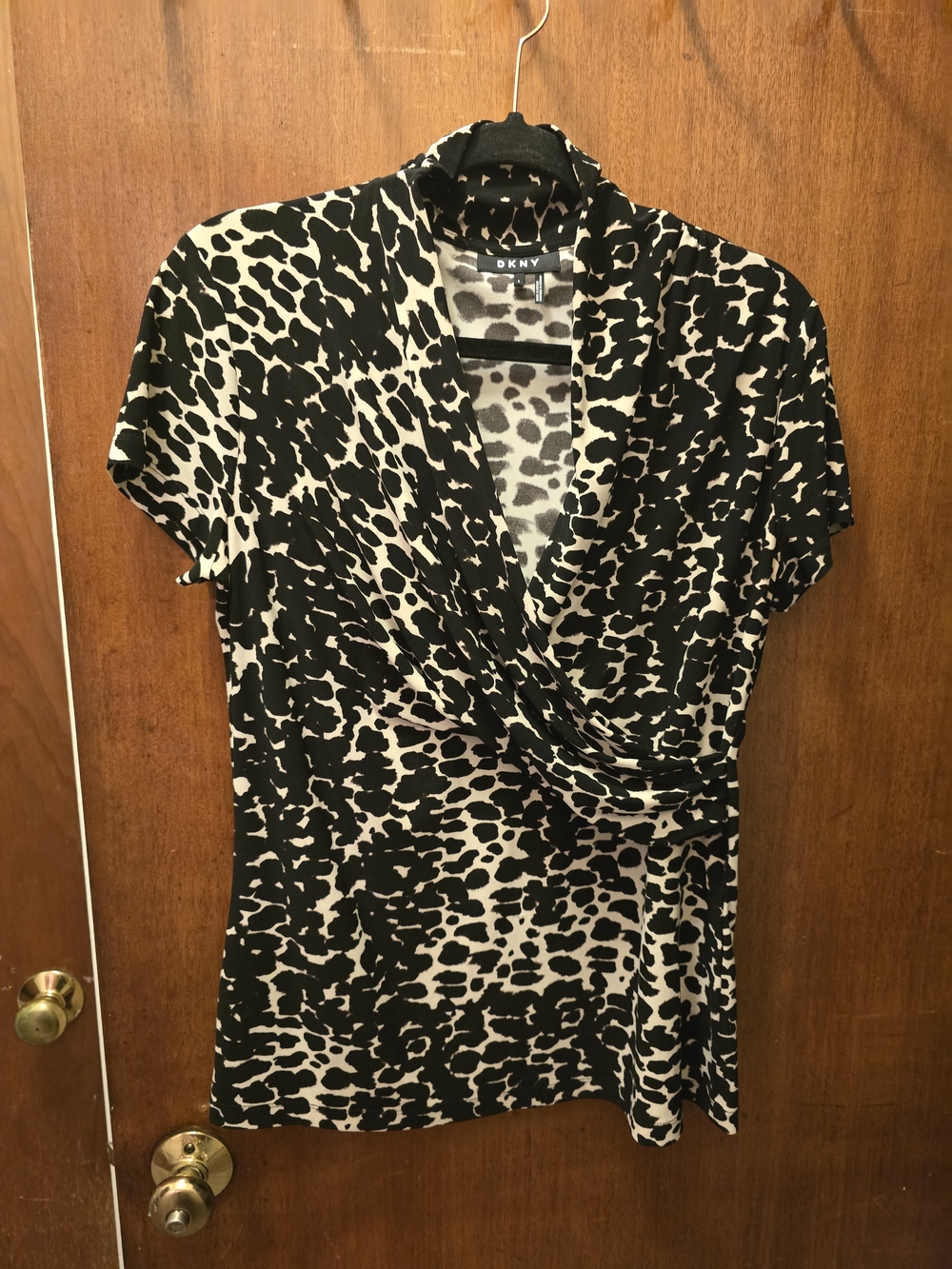 DKNY Black and Cream Animal-Print Surplice Top
